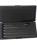 Six Piece Dial Indicator Extension Rod Set Extends From 1 To 6 Inches And Stacks To 21 Inches With Standard 4 To 48 Thread High Speed Steel Construction Ideal For Digital Dial Gauges And Precise Measurements In Shop in a black case