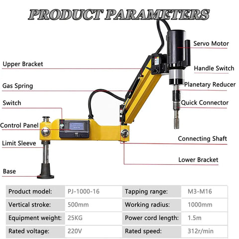 Precision Electric Tapping Machine With 360 Degree Universal Arm For Iron Steel Aluminum M3 To M16, showcasing product parameters and features.
