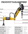 Badass Precision Heavy Duty Electric Tapping Machine For M3 To M16 Threads with touchscreen and detailed specifications.