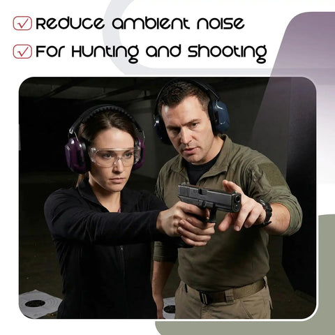 Two people at a shooting range wearing 12 Pack Adults And Kids Ear Protection Earmuffs With 27 Db Noise Reduction for gun range use
