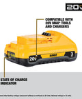 20V Max Battery Pack 3.0Ah, 2-Pack With LED Fuel Gauge, No Memory, lightweight design, side view with charge indicator, Model DCB230-2