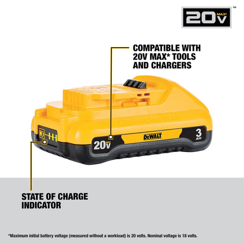 20V Max Battery Pack 3.0Ah, 2-Pack With LED Fuel Gauge, No Memory, lightweight design, side view with charge indicator, Model DCB230-2
