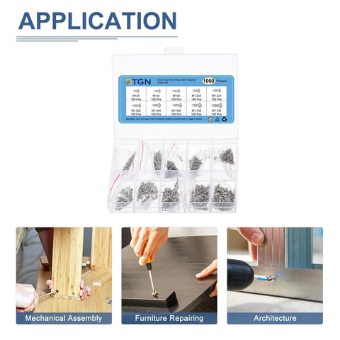 Ultimate Mini Screw Kit With 1000 Carbon Steel Nickel Plated Self Tapping Screws And Elbow Tweezers in packaging with application icons