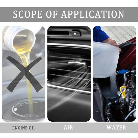 Image illustrating the scope of application for Silicone Vacuum Hose Kit With 6 Hoses Each 4.92 Feet And 64 Vacuum Line Connectors Total 70 Piece Set Universal Automotive Tubing In One Eighth To Three Eighths Inch Diameter DIY Set For Quick Repairs And Custom Vacuum Lines, not for engine oil, suitable for air and water in cars.