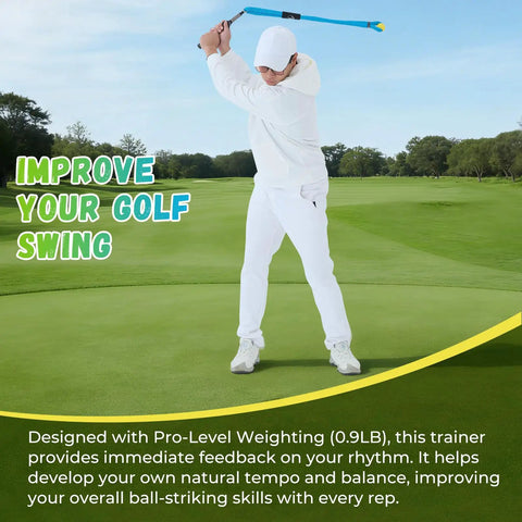 Golfer using Golf Swing Trainer Rope With Molded Grip For Beginners Hand Position Corrector And Tempo Rhythm Coach For Indoor Practice