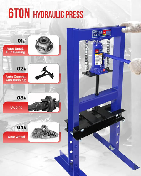6 Ton Hydraulic Shop Press With Adjustable 2.2 To 9.4 Inch Range, Heavy Duty H-Frame With Movable Plates For Garage And Pro Workshops