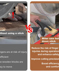 Comparison showing miter saw hold down stick hand saver for safe woodworking versus without, emphasizing safety and precision.