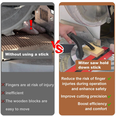 Comparison showing miter saw hold down stick hand saver for safe woodworking versus without, emphasizing safety and precision.