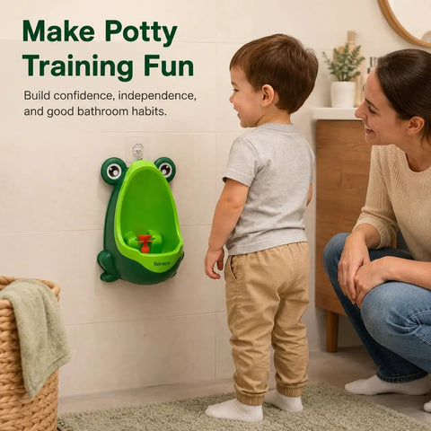 Cute Green Frog Potty Urinal For Toddlers Featuring Playful Aiming Target helps with easy potty training in bathroom.