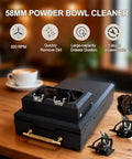 Ditch The Manual Scrubbing 58mm Electric Portafilter Cleaner Automatic Espresso Handle Scraper Quick Dump Grounds Cup High Speed Commercial Barista Gear on wooden table with coffee.
