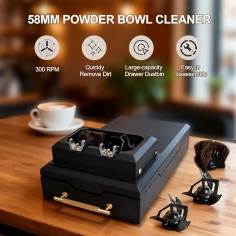 Automatic Electric Portafilter Cleaner For 58mm Espresso Machines on a wooden table with coffee cup and cleaning brushes.
