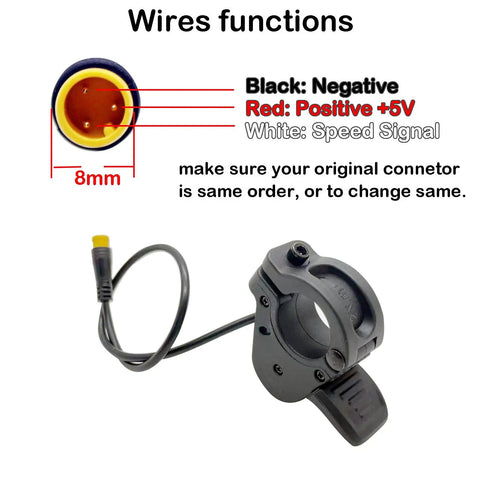 Thumb Throttle For Electric Bike And Scooter Easy Install Left Or Right 22 Millimeter Handlebar Clamp With Waterproof 3 Pin Connector Smooth Acceleration And Responsive Throttle Control showing wire functions.