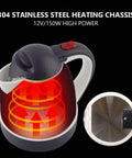 Road Trip Ready 12V Electric Hot Water Kettle with stainless steel heating chassis, showcasing quick heat technology.