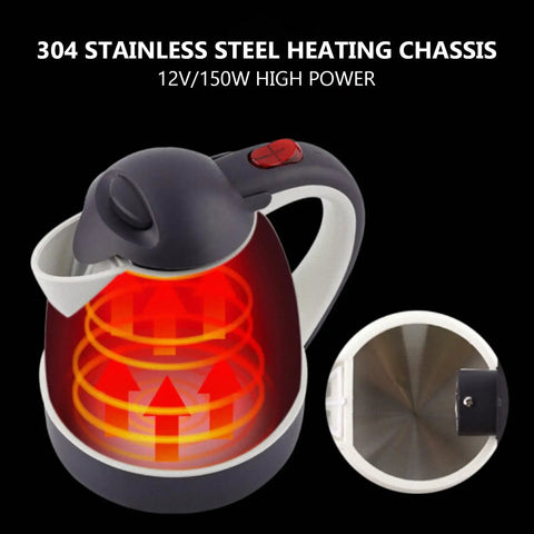 Road Trip Ready 12V Electric Hot Water Kettle with stainless steel heating chassis, showcasing quick heat technology.
