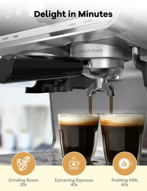 Pro Vibes Espresso Machine With Built In Burr Grinder And Milk Frother, 30 Setting Coffee Maker making two espresso shots.