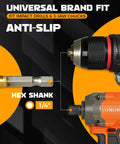 COMOWARE 6-piece spade drill bit set; titanium-coated carbon steel bits for woodworking, front view with orange drill.