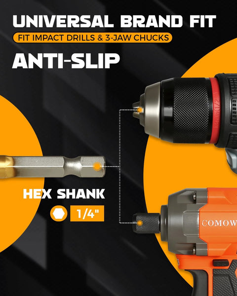 COMOWARE 6-piece spade drill bit set; titanium-coated carbon steel bits for woodworking, front view with orange drill.