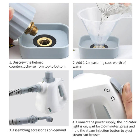 Instructions for Supercharged Handheld Steam Cleaner Packing 1000W Output And Spacious Tank To Vaporize Grime For Home And Vehicle Detailing.