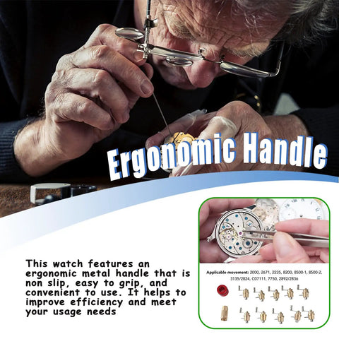 Watchmaker using Mainspring Winder Set with ergonomic handle for precision watch repair; inset details of components included.