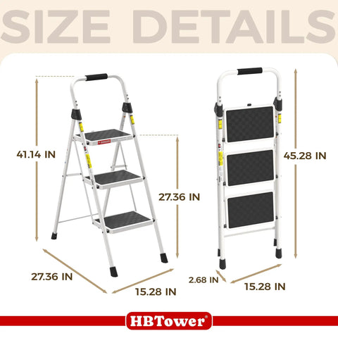 Diagram of Three Step Ladder Heavy Duty Step Stool With Anti Slip Pedals And Safety Lock Folding Portable Ladder, size details shown.