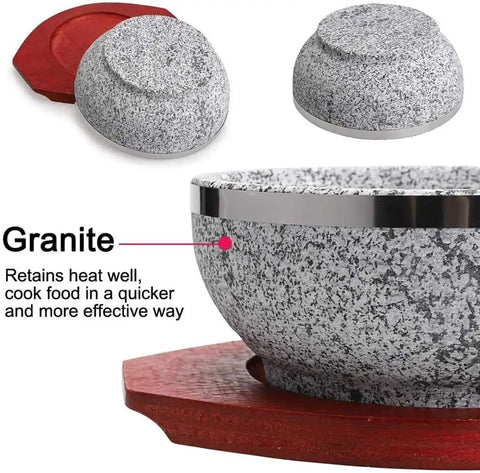 Stone Casserole Bowl With Wood Base For Bibimbap And Korean Stews, Heat Retaining Earthenware Pot, ceramic cookware, detail view