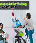 Man using Multipurpose Laser Level With 15 Feet Cross Line And Magnetic Ninety And One Hundred Eighty Degree Bubbles Torpedo Level to hang painting