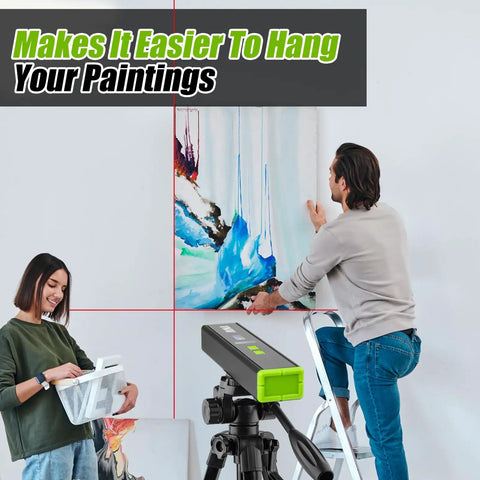 Man using Multipurpose Laser Level With 15 Feet Cross Line And Magnetic Ninety And One Hundred Eighty Degree Bubbles Torpedo Level to hang painting