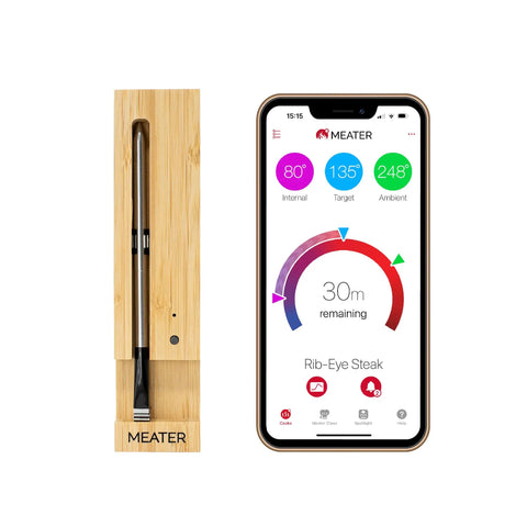 Wireless Smart Meat Thermometer for Oven, Grill, Kitchen, BBQ and Smoker with Bluetooth and WiFi Connectivity, wood stand and phone app