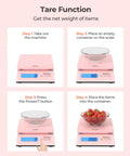 Killer Digital Postal Scale Measures Every Package Up To 66 Pounds With Dead On Precision So You Can Ship Heavy Goods Without Stress While The Sleek Pink Surface Looks Absolutely Dope showing tare function setup with clear bowl and strawberries.