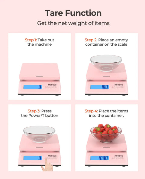 Killer Digital Postal Scale Measures Every Package Up To 66 Pounds With Dead On Precision So You Can Ship Heavy Goods Without Stress While The Sleek Pink Surface Looks Absolutely Dope showing tare function setup with clear bowl and strawberries.