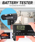 Easy Read Battery Checker Digital Capacity Tester For AA AAA C D 9V 1.5V Button Cells And 3.7V Li Batteries Fast Health Readout Dope Gadget For Home Shop And DIY Tech. black digital tester checking a 9V battery with LCD readout