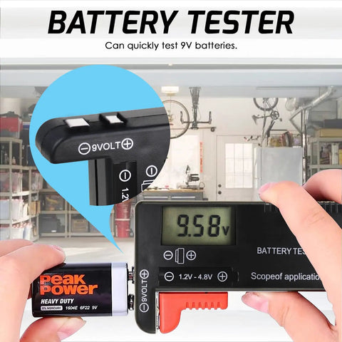 Easy Read Battery Checker Digital Capacity Tester For AA AAA C D 9V 1.5V Button Cells And 3.7V Li Batteries Fast Health Readout Dope Gadget For Home Shop And DIY Tech. black digital tester checking a 9V battery with LCD readout