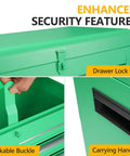 Built Tough Five Drawer Rolling Tool Chest With Lockable Heavy Duty Casters And Detachable Work Surface showing lockable buckle and drawer lock bar.