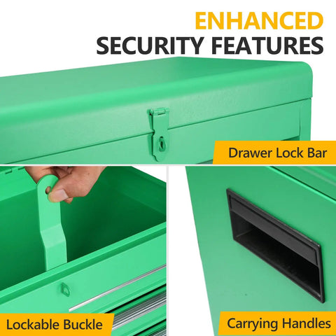 Built Tough Five Drawer Rolling Tool Chest With Lockable Heavy Duty Casters And Detachable Work Surface showing lockable buckle and drawer lock bar.