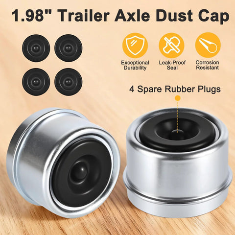 Trailer axle dust cap set, 1.98 in, includes 4 metal caps and 4 rubber plugs