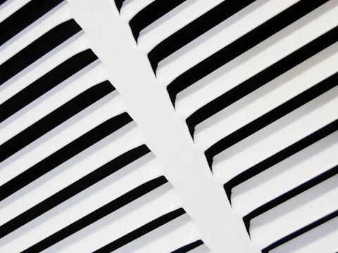 Close-up of Heavy Duty Built Tough 20x14 Inch Steel Return Air Grille For Sidewall Or Ceiling White HVAC Duct Cover with counter sunk screws