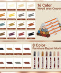 Image of 24 Piece Wood Repair Kit with 16 color wax crayons and 8 furniture marker touch up pens, showing available colors for DIY repair.
