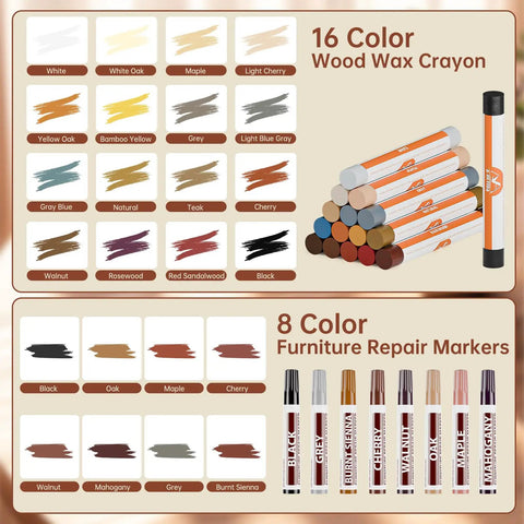 Image of 24 Piece Wood Repair Kit with 16 color wax crayons and 8 furniture marker touch up pens, showing available colors for DIY repair.