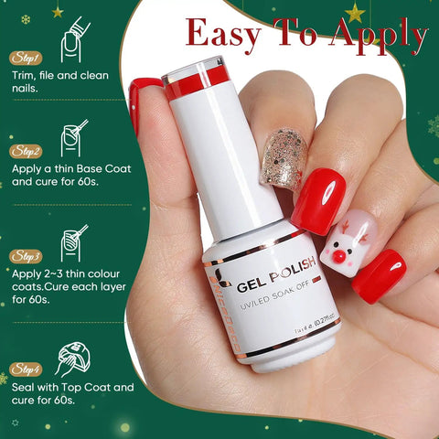 HEMA Free Cruelty Free Vegan Christmas Gel Nail Polish Kit With 6 Colors Sparkle Red on nails holding gel polish bottle