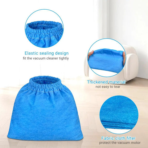 6 Pack VRC5 Filter Bags And 2 VFF51 Foam Filters Kit for Vacmaster 4 To 16 Gallon Wet Dry Vacs, showing blue cloth filter close-up