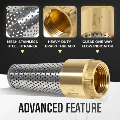 1 Inch Brass Foot Valve No Lead Heavy Duty Workhorse Backflow Preventer With Female Connection, mesh strainer, brass threads, flow indicator