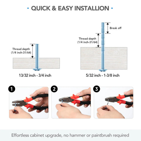 Installation guide for Brushed Brass And Brushed Nickel Cabinet Pulls showing three steps with pliers and screws.