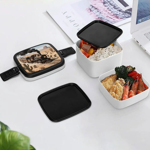 Desert Steam Train Themed Bento Box With Compartments Leakproof Double Layer Lunch Container With Spoon Snap On Lid