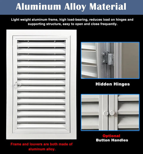 Top Shelf White Louvered Access Panel Door For Hassle Free Hvac Vent And Water Heater Service, Heavy Duty Aluminum Wall Cover With Snap Tight Hinges For Quick Pipe Maintenance, Real Deal Drywall Hatch, 22X60 Inch, showing aluminum alloy material and hidden hinges.