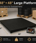 Heavy Duty Rock Hard Commercial Pallet Scale Featuring 48 Inch Square Floor Platform With 10000 Lb Load Rating, black steel construction with digital gauge.