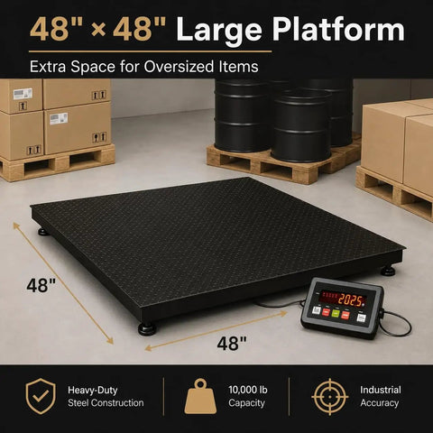 Heavy Duty Rock Hard Commercial Pallet Scale Featuring 48 Inch Square Floor Platform With 10000 Lb Load Rating, black steel construction with digital gauge.