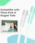 Front view of Hecatelly oxygen tubing swivel connectors; clear and mint-green plastic, 10-pack with box.
