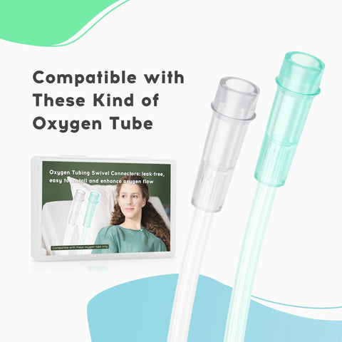 Front view of Hecatelly oxygen tubing swivel connectors; clear and mint-green plastic, 10-pack with box.