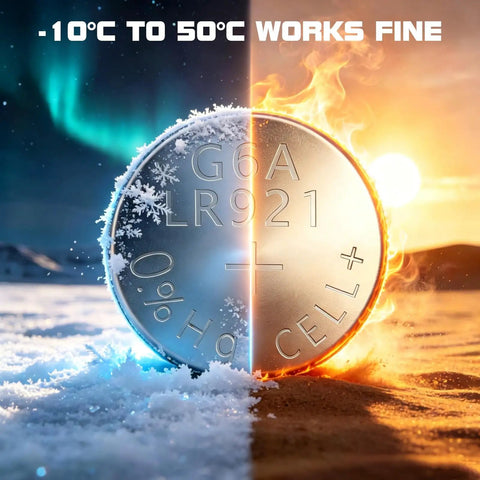 Keep Your Favorite Everyday Gadgets Running Smooth With The Real Deal AG6 LR920 Watch Batteries Delivering Straight Up 1.5V Alkaline Power In A Ten Pack For Calculators. G6A LR921 battery split image showing cold and hot temperatures.