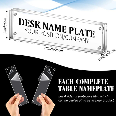 4 Pack Clear Acrylic Desk Name Plates Set With Double Sided Design, Personalized Office Name Tag Blocks, size 10 x 2 inches